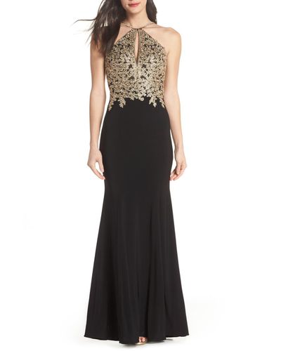 xscape black and gold dress