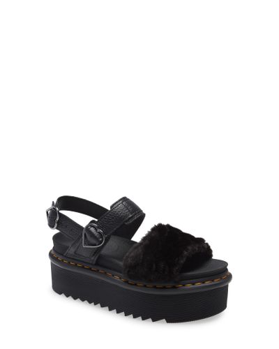 Dr. Martens Voss Quad Fluffy Faux Fur Platform Sandal In Black Faux Fur Heart At Nordstrom Rack 