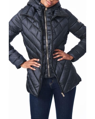 Bernardo Synthetic Asymmetrical Channel Quilted Jacket With Hooded Bib  Inset In Black At Nordstrom Rack, Quilted Pattern - Lyst