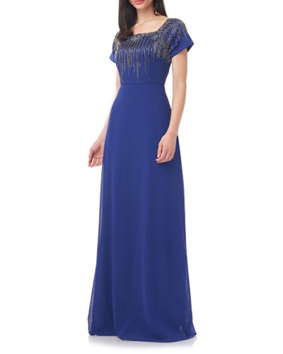 JS Collections Harper Beaded Bodice Gown In Navy Royale/gunmetal At Nordstrom Rack in Blue | Lyst