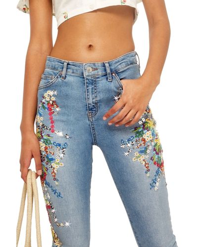 TOPSHOP Denim Moto Jamie Ditzy Embroidered Jeans in Mid Denim (Blue) | Lyst