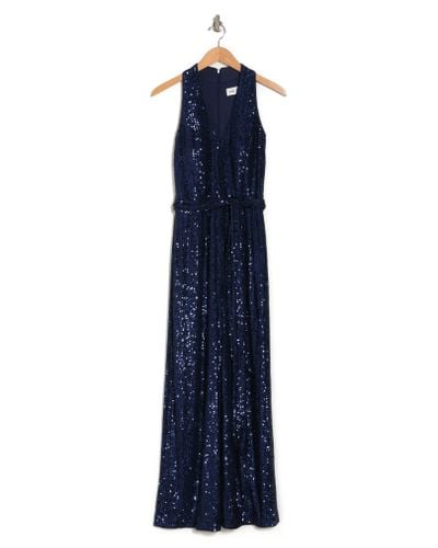 Eliza J Sequin Sleeveless V-neck Halter Jumpsuit in Navy (Blue) - Lyst