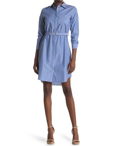 Calvin Klein Stripe Belted Shirt Dress in Blue - Lyst