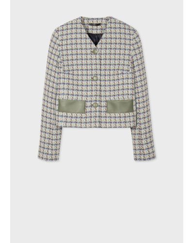 Paul Smith Blue Tweed Leather Trimmed Jacket - White