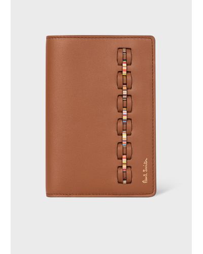 Paul Smith Tan Woven 'signature Stripe' Calf Leather Passport Cover Wallet Brown