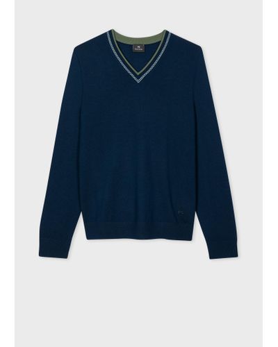 PS by Paul Smith Navy Merino Wool-blend Contrast V-neck Jumper Blue