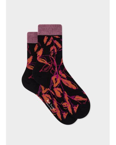 Paul Smith Women's Black Cotton-blend 'ink Floral' Socks - Red