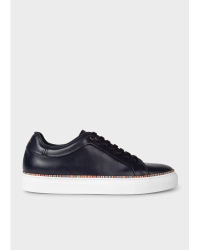 Paul Smith Navy Leather 'basso' Trainers With 'signature Stripe' Piping Blue
