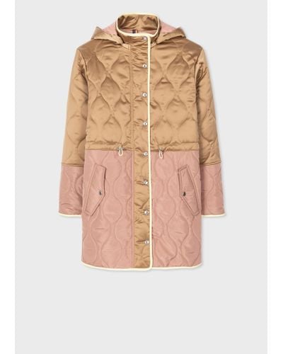 PS by Paul Smith Camel Satin Quilted Mid Length Coat Brown - Natural