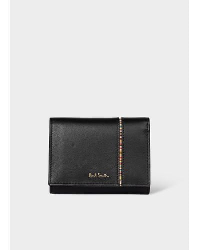 Paul Smith Black Mini Leather Tri-fold Purse With 'signature Stripe' Trim