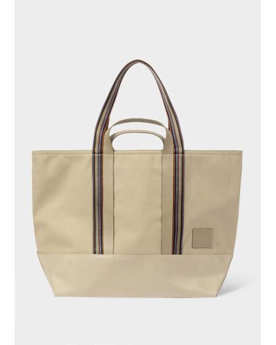 Paul Smith Beige Cotton-blend Canvas Tote Bag With 'signature Stripe' Straps White - Natural