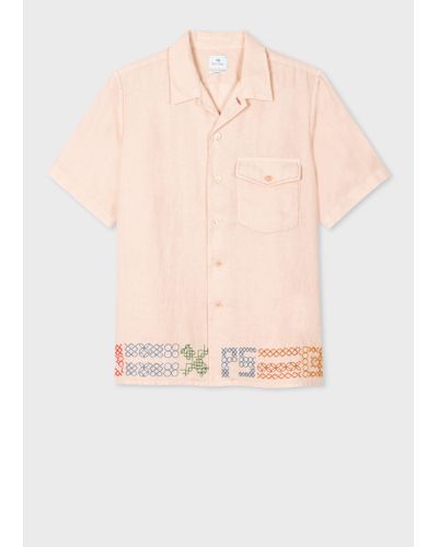 PS by Paul Smith Beige Linen Shirt With Cross-stitch Detail Brown - Pink