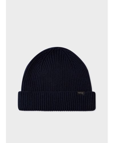 Paul Smith Navy Cashmere-blend Ribbed Beanie Hat - Blue