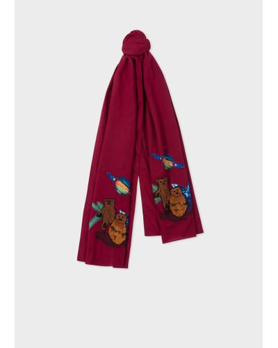 Paul Smith Red 'explorer' Embroidered Cotton Scarf
