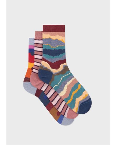 Paul Smith 'torn Stripe' Three Pack Socks Purple - White