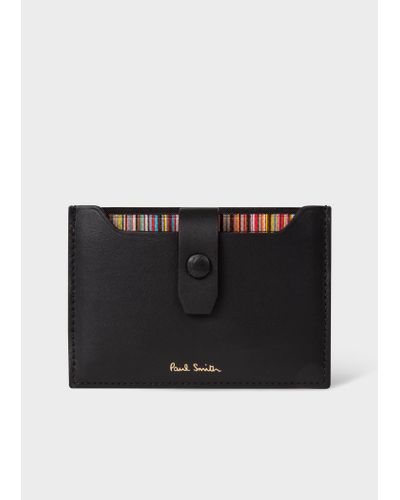 Paul Smith Black Leather Credit Hard Holder With 'signature Stripe' Pull Out