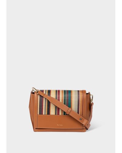Paul Smith Tan Leather 'signature Stripe' Raffia Cross-body Bag Multicolour