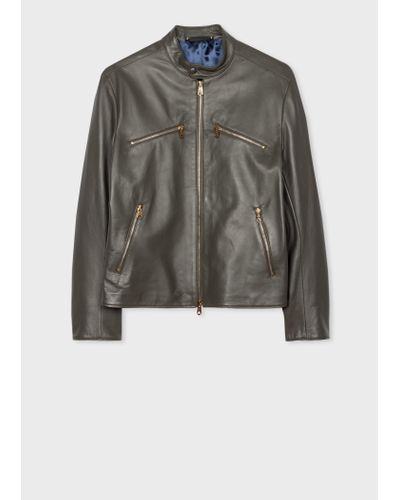 Paul Smith Khaki Leather Moto Jacket Green