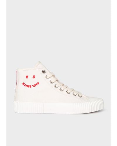 Paul Smith Canvas 'kibby' Trainers With Red 'happy' Logo White - Natural