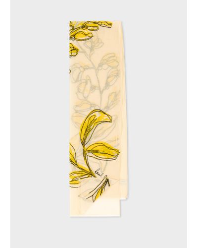 Paul Smith Pale Yellow 'laurel Leaf' Embroidered Scarf White - Metallic