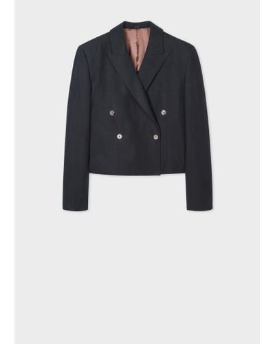 Paul Smith Navy Linen Cropped Double-breasted Blazer Blue - Black