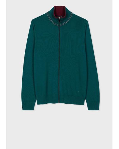 PS by Paul Smith Teal Merino Wool Zip Cardigan Green