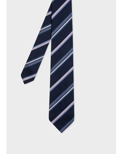 Paul Smith Navy Silk Multi Colour Stripe Tie - Blue