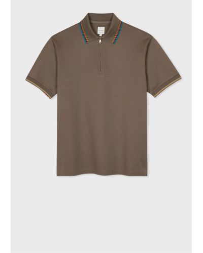 Paul Smith Taupe Cotton 'signature Stripe' Trim Zip Polo Shirt White - Brown