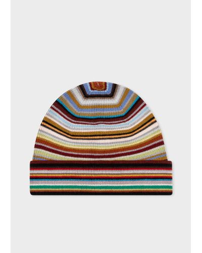 Paul Smith Merino Wool 'signature Stripe' Beanie Hat Multicolour - Grey
