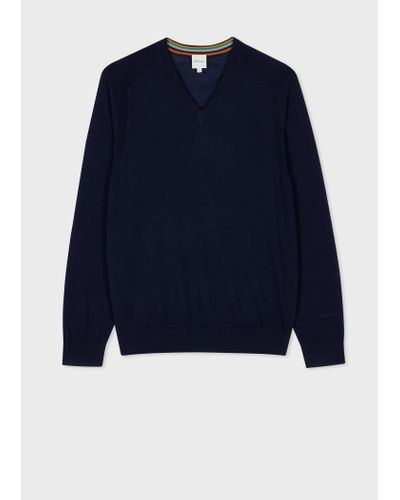 Paul Smith Navy Merino V-neck Jumper Blue