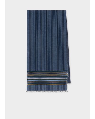 Paul Smith Navy Cotton And Silk-blend Stripe Scarf Blue