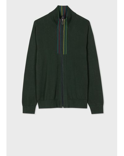 PS by Paul Smith Dark Green 'sports Stripe' Zip Cardigan