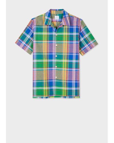 PS by Paul Smith Multicolour Check Cotton-linen Short-sleeve Shirt - Blue