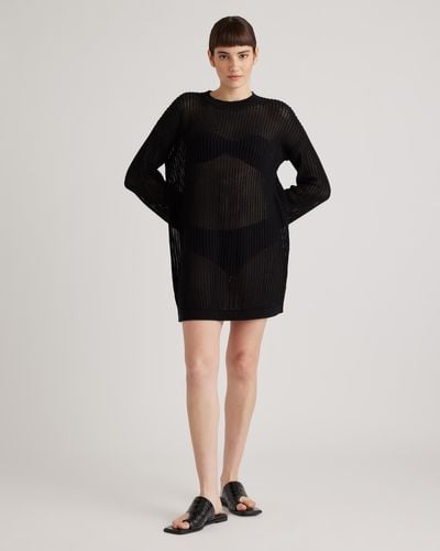 Quince Open-Knit Long Sleeve Cover-Up Mini Dress, Organic Cotton - Black