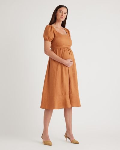 Quince 100% European Linen Maternity Midi Dress, Tencel - Orange