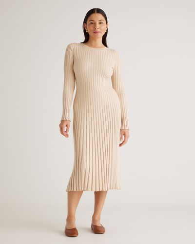 Quince Cotton Cashmere Ribbed Long Sleeve Crew Midi Dress - Natural