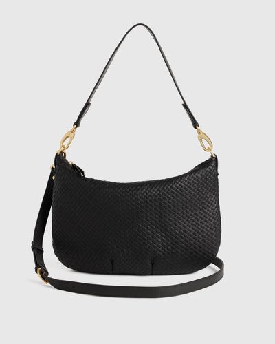 Quince Italian Leather Convertible Crescent Handwoven Shoulder Bag - Black