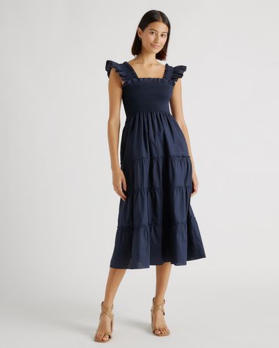 Quince Smocked Midi Dress, Organic Cotton - Blue