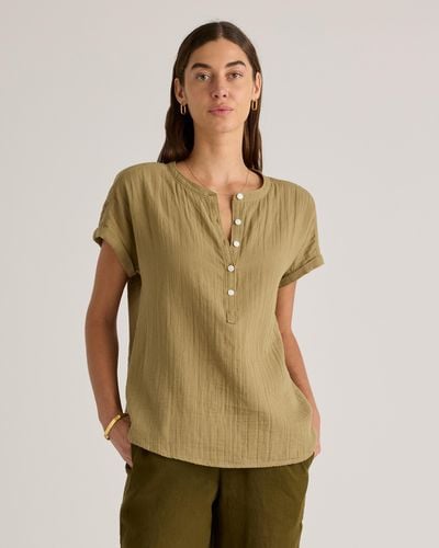 Quince Gauze Roll Sleeve Shirt, Organic Cotton - Green