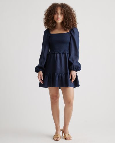 Quince 100% European Linen Smocked Mini Dress - Blue