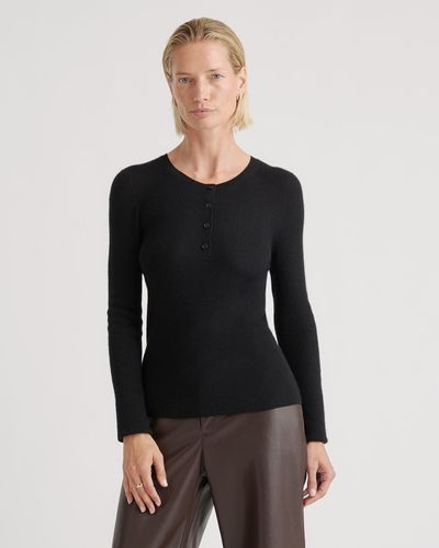 Quince Featherweight Cashmere Ribbed Henley Sweater - Black