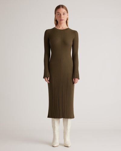 Quince Cotton Cashmere Ribbed Long Sleeve Crew Midi Dress - Natural