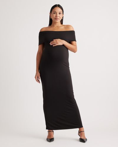 Quince Recycled Knit Maternity Off-The-Shoulder Midi Dress, Recycled Polyester / Spandex - Black