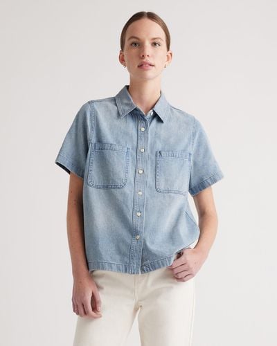 Quince Distressed Denim Short Sleeve Shirt, Cotton - Blue