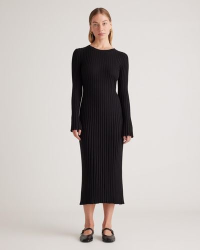 Quince Cotton Cashmere Ribbed Long Sleeve Crew Midi Dress - Black