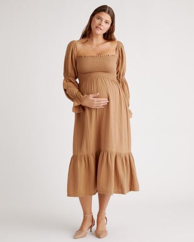 Quince Gauze Maternity Smocked Ruffle Hem Midi Dress, Organic Cotton - Brown