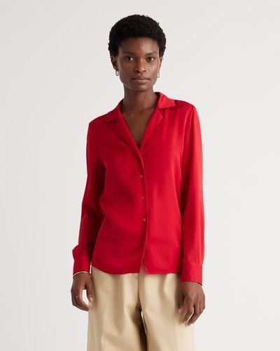 Quince Washable Stretch Silk Notch Collar Blouse - Red