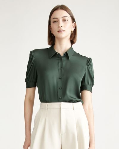 Quince Washable Stretch Silk Puff Sleeve Blouse, Mulberry Silk - Green