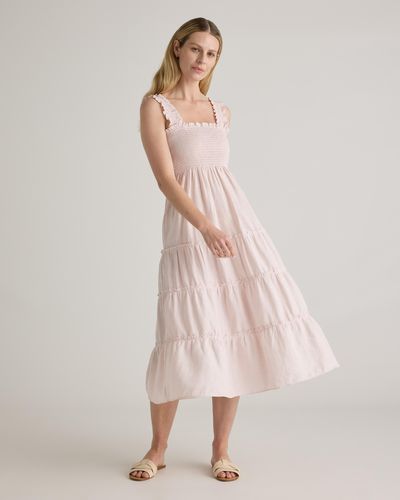 Quince 100% European Linen Smocked Midi Dress - Pink