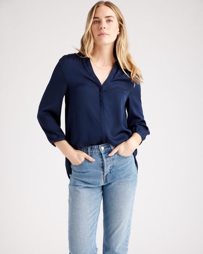 Quince 100% Washable Silk Stretch Pleat Back Blouse - Blue